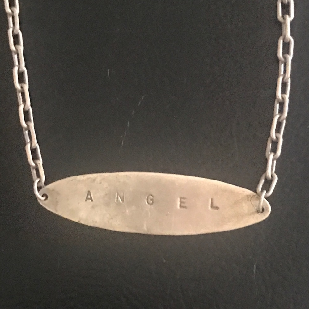 Silver Stamped ANGEL lettered charm nameplate chain necklace